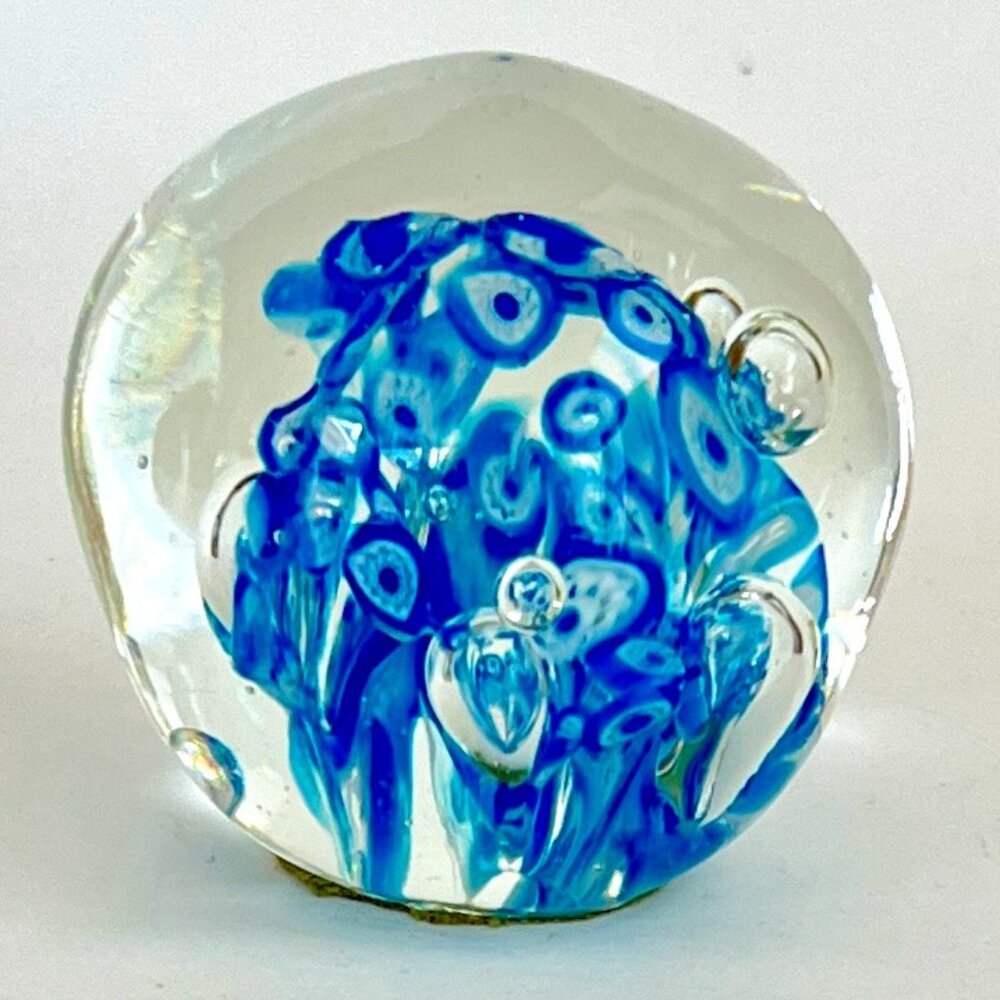 Vintage Art Glass Paperweight Round Blue & White Abstract Bubbles